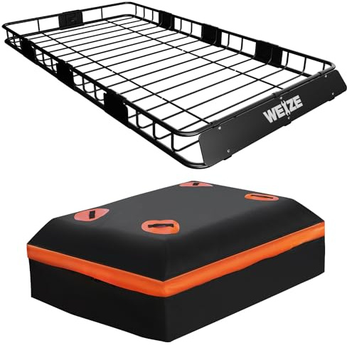 WEIZE Heavy Duty 64x 39 Roof Rack, Rooftop Cargo Carrier Basket with Waterproof Bag, Tie Down Strap & Net, Car Top Luggage Holder for SUV, 200lb Capacity, Steel Construction