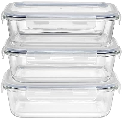HOCHSTE Airtight Glass Food Containers with Lids - 3-Pack, 100% Leak Proof BPA Free Food Storage Containers with Locking Lids - Freezer to Oven Safe - Takeaway Containers - 3 Pack Blue - 1050 ml