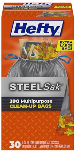 Hefty Steelsak Heavy Duty Large Trash Bags, Gray, Unscented, 39 Gallon, 30 Count