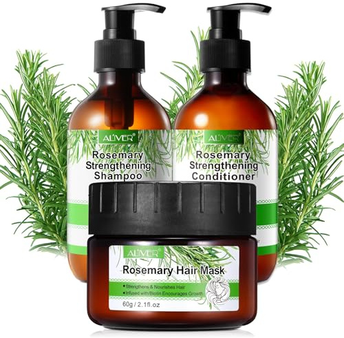 P-Beauty Rosmarin hårvård set 1 – hårmask 60 g, schampo 300 ml & balsam 300 ml, för hårväxt och hårbotten | hårvård, stärkande schampo och hårbalsam för skadat och torrt hår