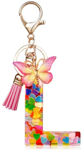 OSDUE Fashion Alphabet Initial Letter Keychain, Women Tassel Butterfly Pink Purple Cute Car Keyrin, Pink and Gold Resin Alphabet Keychain, Tassel Butterfly Pendant Key Ring for Wallet