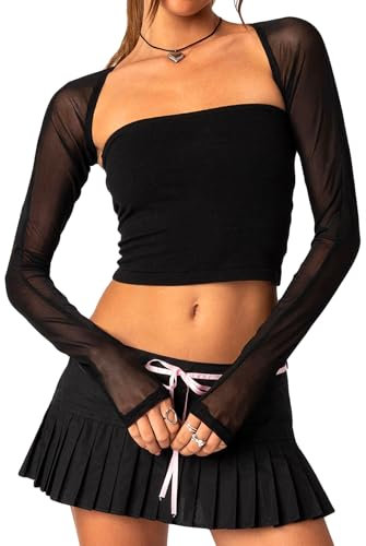 Coloquin Women Mesh Bolero Cardigan Long Sleeve Chiffon Bolero Shrug Sheer Cropped Cardigan for Dress Black S