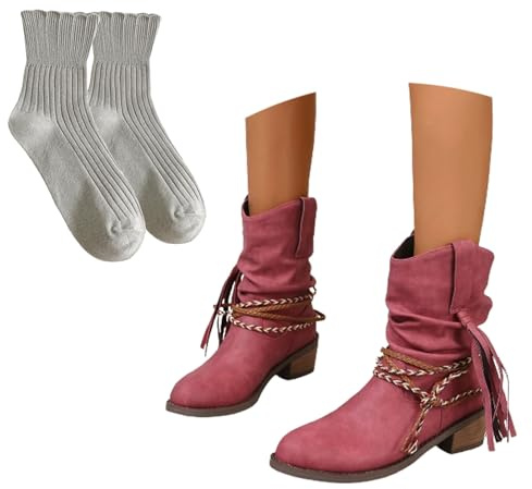 LDXEQIZ Botines con Flecos Botas De Vaquero Occidentales Retro for Mujer Ankle Boots De Cuero PU con Tacón Cuadrado Botas Cortas De Punta Redonda Otoño Invierno Zapatos De Ocio Al Tobillo(Red,41 EU)
