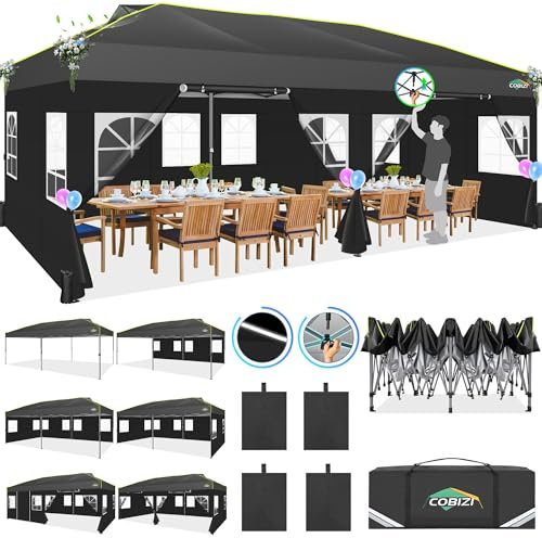 COBIZI Faltpavillon Pavillon 3x6 wasserdicht Winterfest,Gardenpavillon Partyzelt Pop Up Pavillon Klappbar Zelt mit 6 Seitenwnden mit Belüftungsöffnungen, Sandsack für Markt, Freien Event,Schwarz