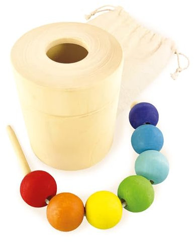 Ulanik Fädelspiel Perlen und Topf, Montessori Spielzeug ab 3 Jahre, Baby Perlen zum Auffädeln, Spiel für Zählen und Sortieren Farben Lernen — 7 Holzkugeln Bunt