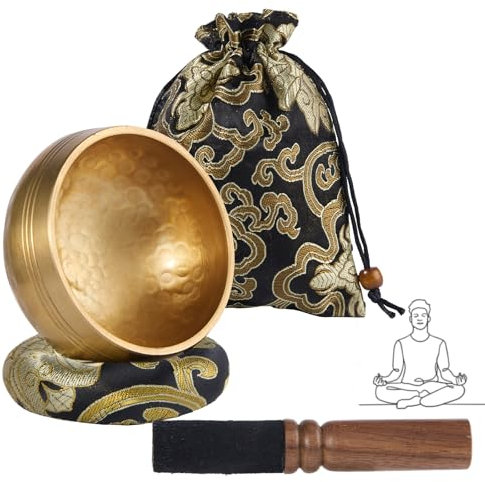 alasemo Tibetische Klangschalen Set Ø8cm, Klangschale klein für Yoga Meditation und Entspannung, Hand gehämmert Messing Singing Bowl mit Holz Klöppel Klangschalenkissen und Aufbewahrungsbeutel