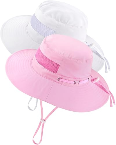 Toddler Baby Sun Hat Kids Summer Sun Hat UV Protection 50+ Adjustable Kids Beach Hat with Breathable Mesh for Boys Girls Bucket Hat (US, Age, 2 Years, 8 Years, White + Pink)