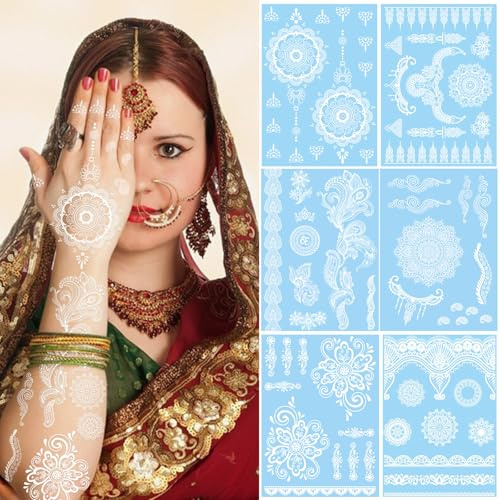 10 Sheets Henna Tattoos Temporary Stickers Kit White Flowers Leaves Lotus Simple Geometry Lace Pattern Fake Tattoos Henna Sticker for Women DIY on Body Face Arms Legs for Wedding Party