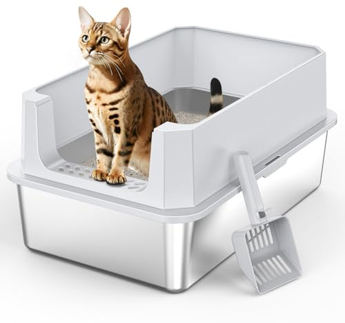 MIXJOY Arenero Acero Inoxidable Gatos XL, Arenero Gato 28L Gran Capacidad a Prueba de Fugas con Borde Alto, Arenero Abierto para Gatos con Recogedor de Arena, 56.5x36.5x25.5cm