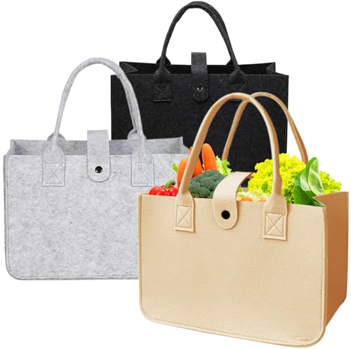 3 Stück Filztaschen Shopper, 30x20x18cm Filztasche Einkaufstasche, 10L Filztasche Shopper, Zusammenklappbar und wiederverwendbar, für Einkaufen, Ausgehen, Aufbewahrung, Reisen, Picknick, Spielzeug