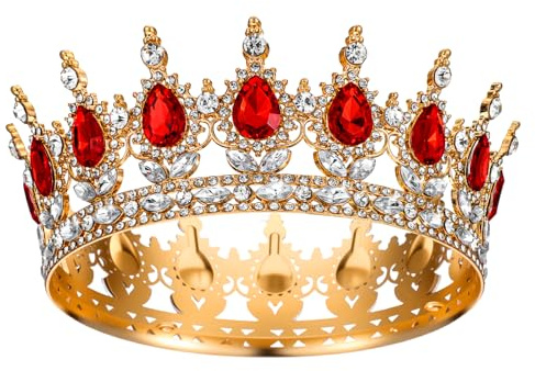 Grevosea Crown for Women, Queen Crown Tiara Rhinestone Birthday Crowns Wedding Bridal Hair Accessories for Princess Party Photo Props (Gold Red)