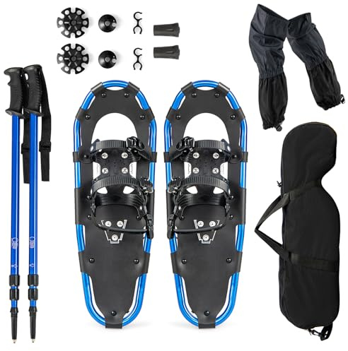 SOARS Kit de Raqueta de Nieve 4 en 1, Raquetas de Aluminio con Bastón Telescópico, Bolsa de Almacenamiento, Polainas Impermeables, para Mujeres, Hombres, Niños (21″,Azul)