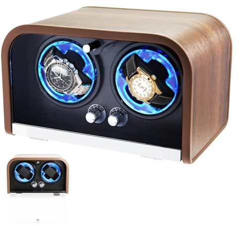 Enrollador Automático para Dos Relojes automáticos – 4 Modos de Rotación | Tecnología Smart Stop, Pantalla LED Azul, Espuma Viscoelástica y Estuche de Madera para Relojes Automáticos de Lujo