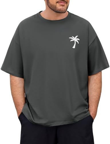 Lonya T-Shirt Homme Grande Taille Été Manches Courtes À Col Rond Oversize 100% Coton Coupe Ample Bigsize Tee Shirt Imprimé Cocotier Basique Décontractée Top L-4XL
