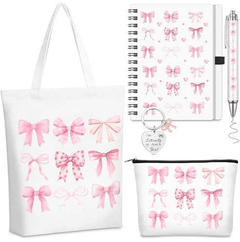 5 Pcs Pink Bow Gifts Set for Women Include Keychain Canvas Tote Bag Animal Lover Zipper Makeup Bag Notebook Pen for Women Party Favors Birthday Gift for Christmas(White)