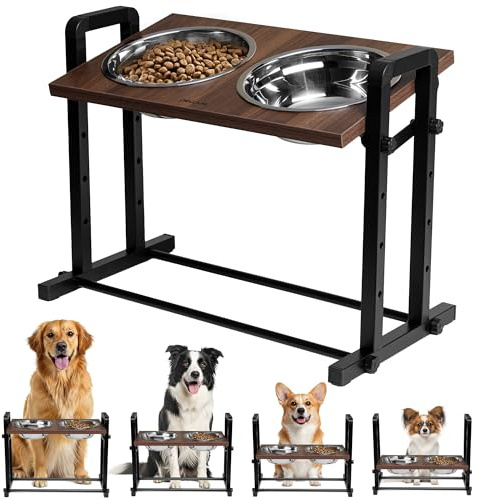 Peluvio Misty Upphöjda Hundskålar – Hundskålstativ med 2 Skålar i Rostfritt Stål, 4 Höjdnivåer, Justerbar Lutning 0–15°, Stabil Metallbas, Ergonomisk Matstation för Små & Stora Hundar, Enkel Rengöring
