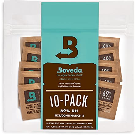 Boveda 69% Two-Way Humidity Control Packs For Storing Up to 5 Items – Size 8 – 10 Pack – For Small Plastic Travel Cases & Bags – Moisture Absorbers – Humidifier Packs in Resealable Bag