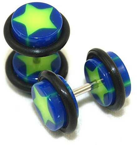 Fake Cheaters Illusion Faux Ear Plugs 16G Bar Look Like 0G Blue Green Star