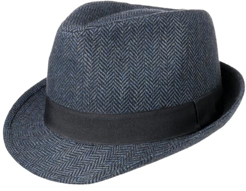 Lipodo Classic Trilby Hut Fischgratmuster Ripsband Damen und Herren Sommer Winter schwarz-blau L (59-60 cm)