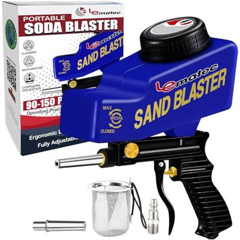 LE LEMATEC Sand Blaster Gun Kit for Air Compressor - Portable Sandblaster for Paint & Rust Removal, Metal, Wood, Auto Surface Prep, Works with Soda Sand Walnut Media, 150 PSI Gravity-Fed