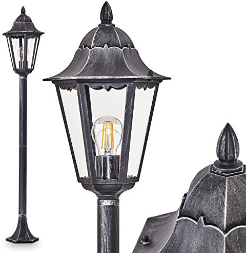 Außenleuchte Lignac, Wegeleuchte in antikem Look, Aluguß in Schwarz/Silber mit Klarglas-Scheiben, Stehleuchte 118 cm, Retro/Vintage Gartenlampe, E27-Fassung, IP44, ohne Leuchtmittel