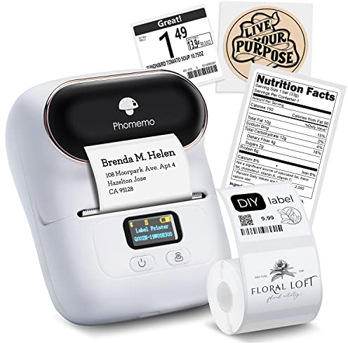 Phomemo M110 Etikettendrucker, Beschriftungsgerät Bluetooth für iOS & Android, Barcode Drucker Etikettiergerät für Kleidung, Schmuck, Einzelhandel, Haushalt, mit 1 Rolle 40x30mm Etikett
