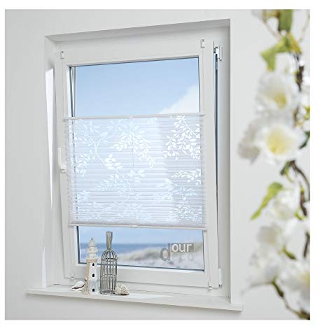 ourdeco® Plissee Ausbrenner / 120 x 130 cm (Breite x Höhe) / Farbe: weiß; lichtdurchlässig, Motiv Ranke Blatt/Klemmen, Montage ohne zu Bohren, Klemmfix-Plissee, Easy-to-fix