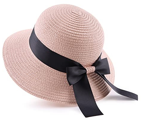 Zsedrut Girl Straw Sun Hat Summer Beach Cap Foldable Visor Floppy Hats Wide Brim with Strap,Big Bowknot,Adjustable Size (Pink,2-4 Years)