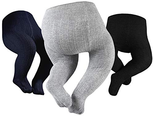 Petrass Baby Girls Cable Knitted Tights Infant Full-Footed Seamless Cotton Tights New-born Girls Seamless Leggings Black/Grey/Navy 12-18 Months