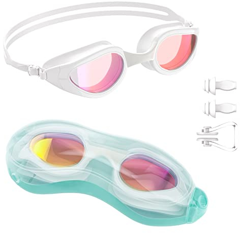 Tuocal Gafas de natación, antivaho, sin fugas, protección UV, resistentes al agua, con puente nasal de silicona suave, para adultos, mujeres, hombres, hombres, jóvenes, niños, color blanco