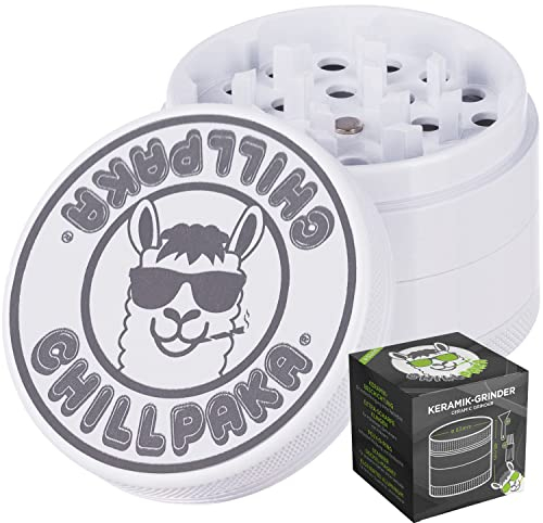 CHILLPAKA® Grinder Ceramica I Macinaspezie con Rivestimento Nano-Ceramico Antiaderente | Crusher per Erbe e Spezie (ø63mm, Bianco)
