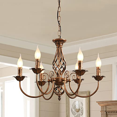 Jaycomey Farmhouse Chandelier Bronze, Rustic 6 Light French Country Iron Pendant Light Fixture, Vintage Metal Chandelier for Dining Room Kitchen Living Room Bedroom Hallway, E12 Base