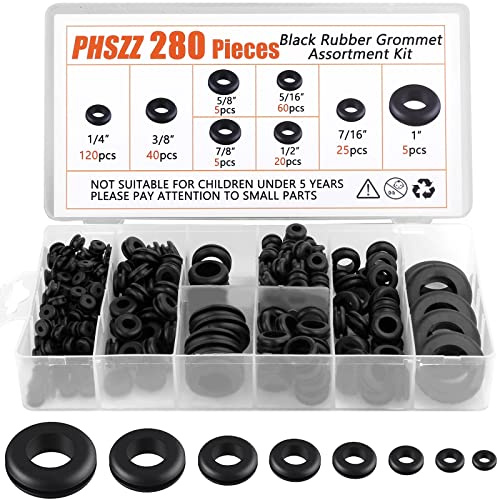 PSHZZ 280 PCS Rubber Grommets Kit, Rubber Hole Grommet Gaskets Assortment for Wiring, Wire, Automotive, Firewall, Sheet Metal, Hardware Repair, 8 Sizes 1/4 5/16 3/8 7/16 1/2 5/8 7/8 1