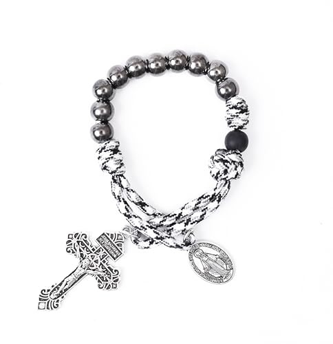 Nazareth Store Rosario di San Benedetto/San Giuseppe con perline in paracord, Rosario da taschino/bracciale a decade miracolosa, con medaglia e croce, 11.22 Inches, Pietra, Vetro