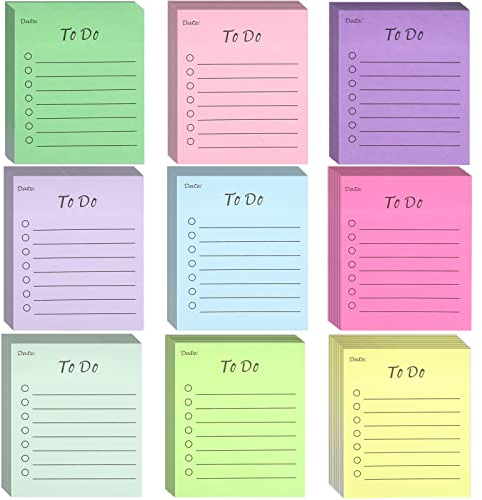 9 Packung To Do Liste, 8,9 x 7,6cm Mehrfabrige Haftnotizen Notizzettel Linierte Klebezettel Selbstklebend Tagesliste Notizblock für Planer Erinnerung (450 Blätter)