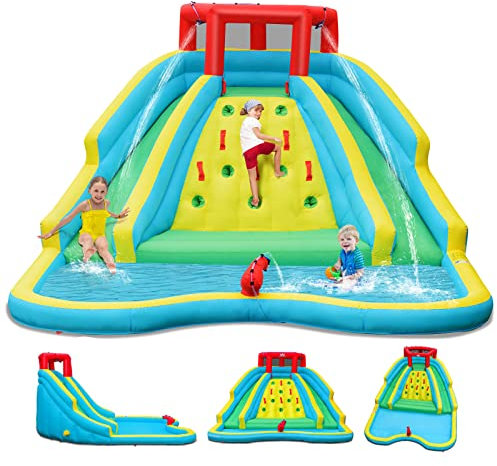 GOPLUS Château Gonflable avec Toboggans& Pataugeoire avec Canon à Eau, Mur d’Escalade, Aire de Jeux Gonflable,Cadeau pour 3 Enfants de 3 à 10 Ans 160KG