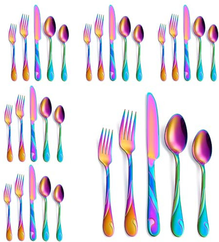 Seeshine Rainbow Silverware Set for 6, 30-Piece Stainless Steel Flatware Set, Shiny Rainbow Metal Cutlery Set, Include Fork, Knife and Spoon Set, Dishwasher Safe