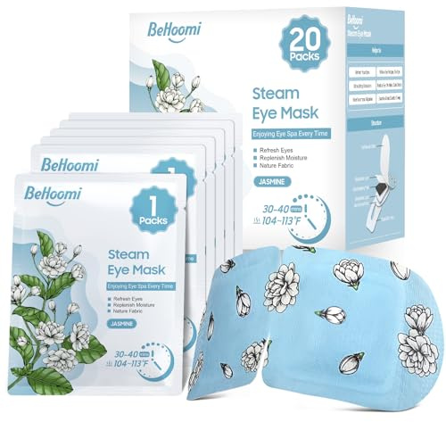 BeHoomi 20Packs Steam Eye Mask, Heated Eye Mask Warm Compress for Eyes, Disposable Self Heating Steam Mask for Home, Sleep, Spa, Travel Essentials & Relaxation Gifts, Valentine's Day Gifts (Jasmine)