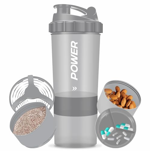 ACUNA Protein Shaker Bottle 600ml- 3 Layered Twist Off Cups For Pill & Supplement Storage - Steel Mixing Ball For Lump Free Smooth Shake- Easy To Clean Gym & Sports Shaker Bottle (Power - Grey)