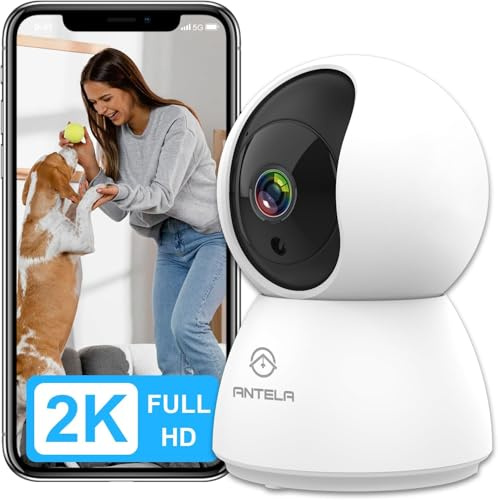 ANTELA 3MP/2K Wi-Fi-övervakningskamera inomhus 2,4 GHz, övervakningskamera, IR mörkerseende upp till 10 m, dubbelriktat ljud, 355°/90° pivotande, kompatibel med Alexa