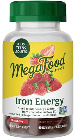 MegaFood Iron Energy Gummies, Iron Supplement for Women, Men, Teens & Kids with Vitamin B12 & B6, Vitamins, from The Makers of Blood Builder Supplement, Strawberry Flavor, 60 Count