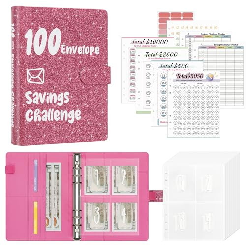 Ospelelf 100 Envelopes Money Saving Challenge Book 52 Week Budget Binder with Cash Envelopes to Save $10,000, Glitter Pink