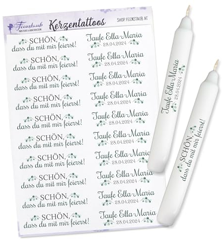 FEENSTAUB Kerzen Tattoos für die Taufe, personalisierte Gastgeschenk selber machen, Tischdeko, Aufkleber für Kerzen, Eukalyptus, DIY Taufkerze, Give-Aways gestalten, bedruckte Folie für Kerzen