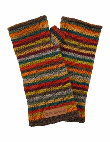 Pachamama Women Wool Hand Wrist Warmers Fleece Lined Handknitted Stripe Multicoloured One-Size Handmade Thermal Extra Warm Fair Trade