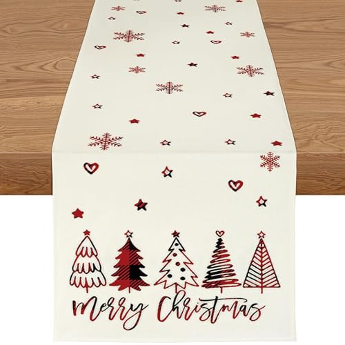 YCOLL Christmas Decorations Xmas Table Runner Beige Water Resistant Christmas Table Runners for Dining Table, Winter Table Runner for Kitchen Christmas Decorations, Indoor & Outdoor Table Décor