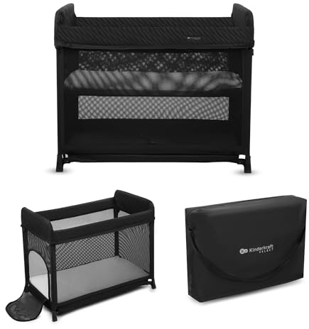 Kinderkraft Moon Dream Reisebett von der Geburt bis 3 Jahre, Zweistöckiges Babybett, mit einem Handgriff zusammenklappen, Matratze Tragetasche inklusive, Schnelle Reinigung, Schwarz
