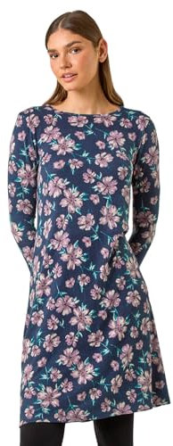 Roman Originals Tunic Dress with Pockets for Women UK Ladies Swing Fit & Flare Skater Slouch Stretchy Casual Smart Winter Jersey Pull On Work Office 3/4 Long Sleeves - Navy & Pink - Size 16