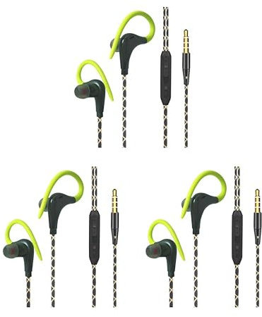 Juego de 3 auriculares deportivos con cable jack de 3,5 mm con gancho sobre la oreja para correr, gimnasio, color verde, 1,2 m