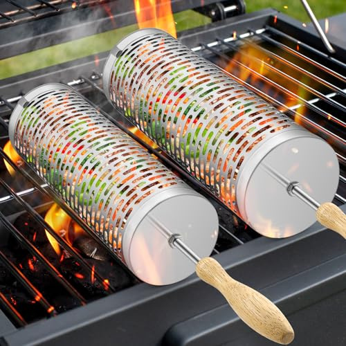 Rolling Grill Baskets, 2 Pcs Rectangle | Rolling BBQ Basket,Removable Wooden Handle,BBQ Accessories Tools for Vegetables Shrimp,Gifts for Men Dad