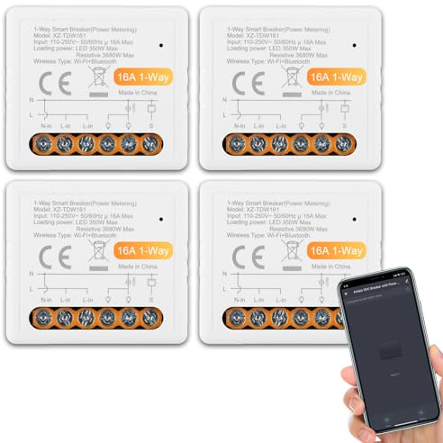 ANTELA Smart relä switch WLAN och Bluetooth 1 kanal 16A, kompatibel med Alexa Google Home, Smart Life-app, ingen hubb krävs, 4 st